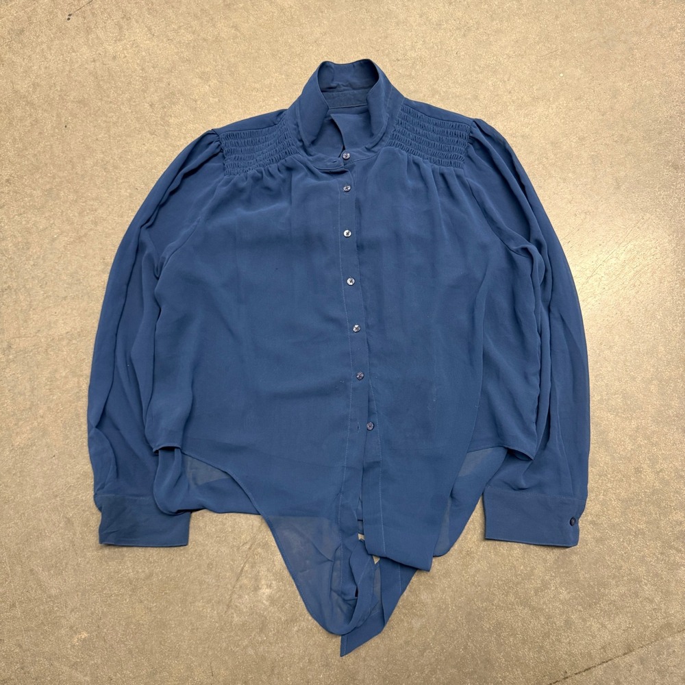 Calvin Klein Blue Smocked Shoulder Tie Front Button Down Blouse Large